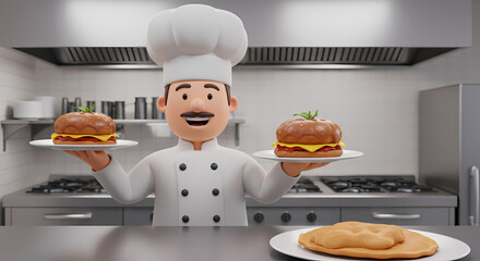 Cartoon chef in a kitchen setting, holding plates of hamburgers and a flatbread.