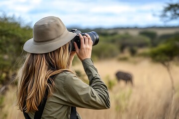 A wildlife photographer with blonde hair captures a zebra in a golden savanna habitat