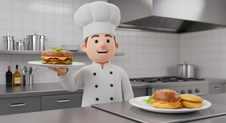 Smiling cartoon chef proudly presents delicious homemade burgers in a modern kitchen.