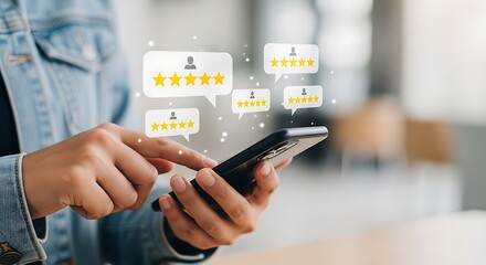 Person using smartphone with customer feedback and rating icons