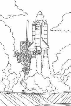 Black line illustration of the Launching of a space craft Rocket for space exploration