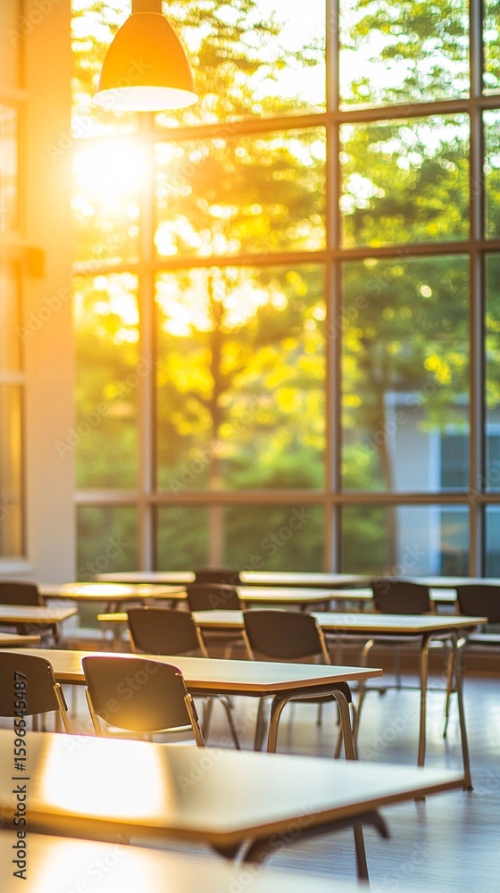 Poster sunlight streams through large windows, illuminating an empty classroom with rows of desks, creating