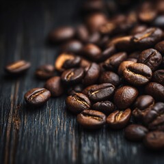 Fototapeta premium Close-up of aromatic roasted coffee beans on rustic dark wood background for coffee lovers