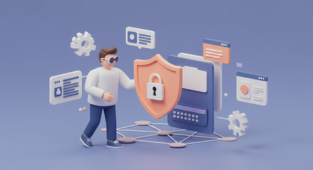A person safeguards digital data with a shield, symbolizing online security.