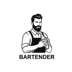 Bartender Logo With Beard and Apron, Holding Shaker