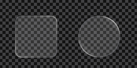 3D square and round buttons in the liquid glass style. Modern web user interface element for ui ux design. Transparent frames and buttons. Vector illustration.