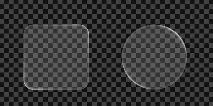 3D square and round buttons in the liquid glass style. Modern web user interface element for ui ux design. Transparent frames and buttons. Vector illustration.