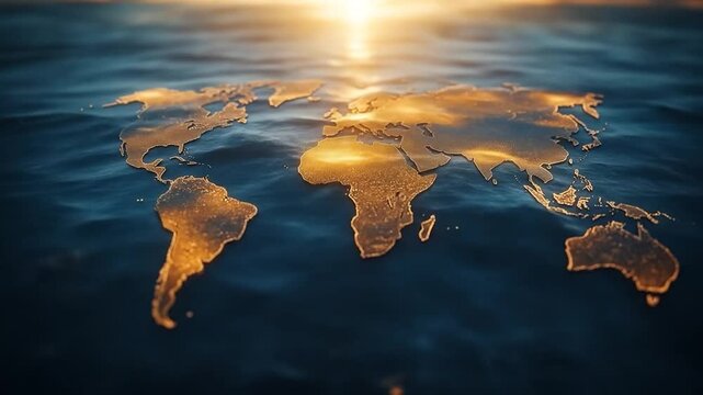 Golden World Map on the Ocean: A shimmering world map is exquisitely portrayed upon the fluid expanse of an ocean, where the sun radiates brilliance.