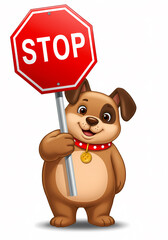 Cartoon dog holding a red stop sign with white letters, wearing a red collar with a gold tag.