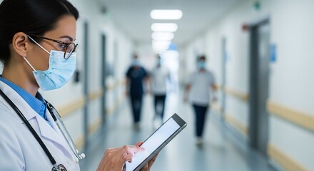 Focused Doctor Using Tablet in Hospital Hallway with Mask and Stethoscope.