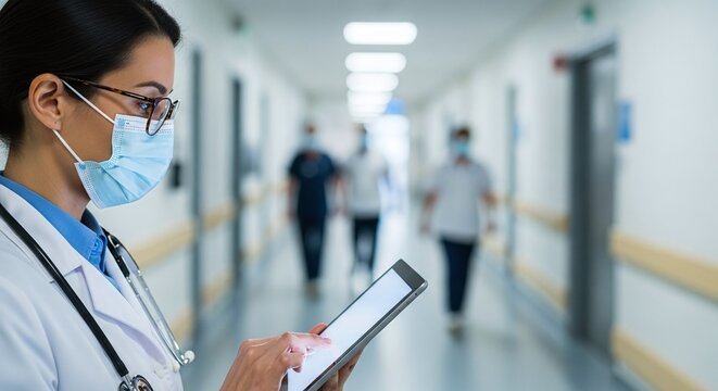 Focused Doctor Using Tablet in Hospital Hallway with Mask and Stethoscope.