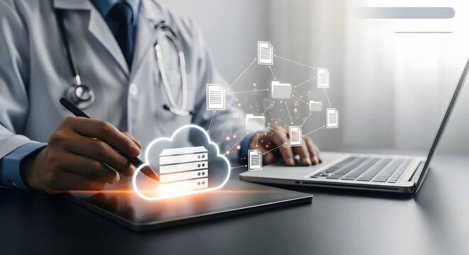 A doctor using a tablet and a laptop, with a cloud-based server icon symbolizing modern healthcare and data storage