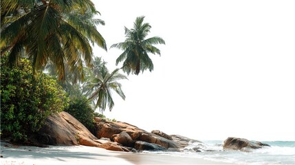 Tropical Beach Scene with Palm Trees and Rocks