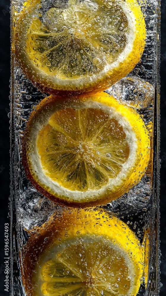 Poster vibrant lemon slices suspended in sparkling water, capturing the essence of freshness with intricate
