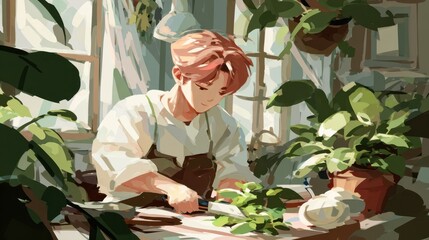 A young person tending to plants in a sunny room.