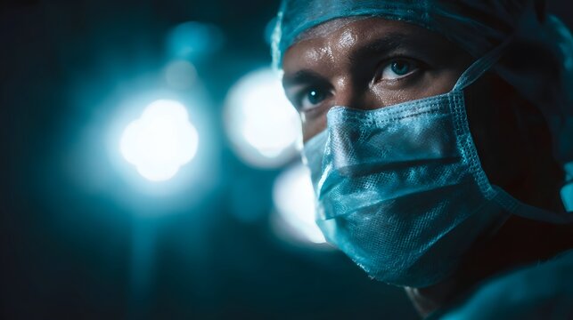 Surgeon operating in a bright surgical theater with intense focus