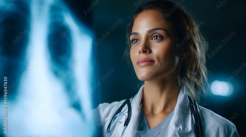 Poster radiologist examining an x ray on a computer screen in a medical setting