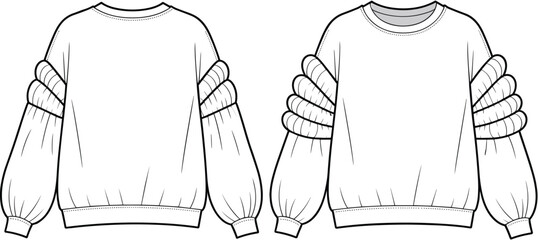 Women's Fashion Oversized Puff Sleeve Sweatshirt Flat Sketch, Front and Back Views, Trendy Casual Apparel Design with Ruffled Shoulder Detail, Comfortable Loungewear Style