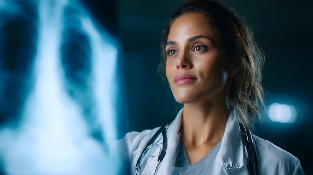 Radiologist examining an x ray on a computer screen in a medical setting