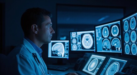 Profile of a Focused Doctor Illuminated by Multiple Glowing Brain Scan Monitors.