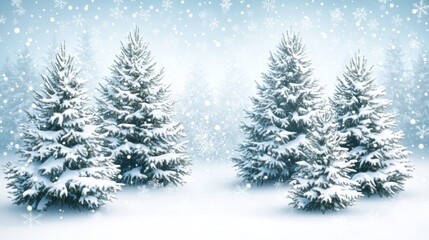 Snowy winter landscape with three snow-covered fir trees.