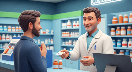 A pharmacist in a white coat assisting a customer at a pharmacy counter, exchanging a card.