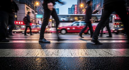 Urban Rush: Pedestrians Crossing Street in Motion Blur, Cityscape at Night