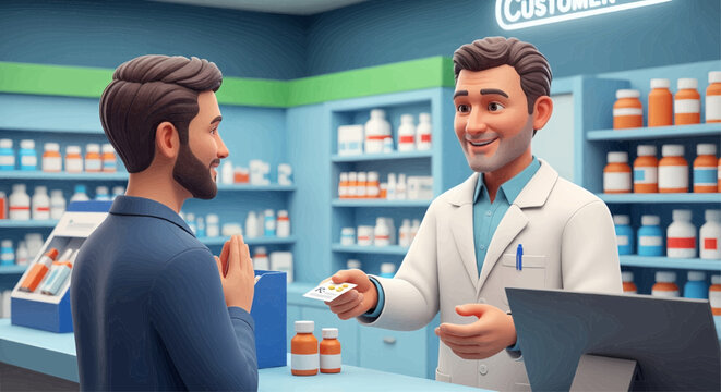 A pharmacist in a white coat assisting a customer at a pharmacy counter, exchanging a card. - Powered by Adobe