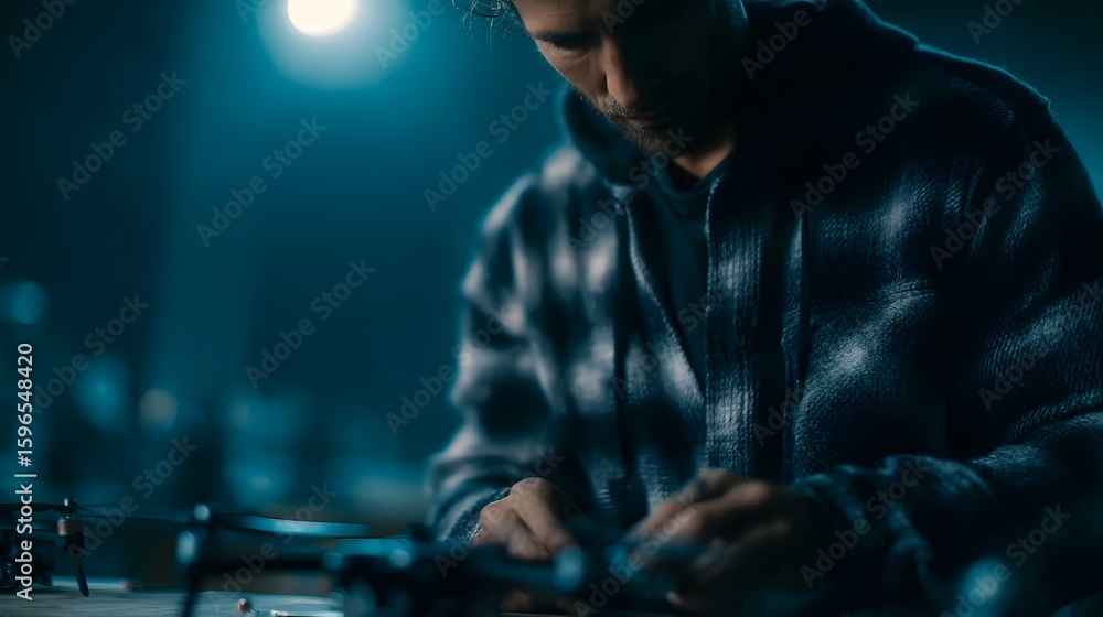 Poster engineer assembling drone components in a dimly lit technical workspace