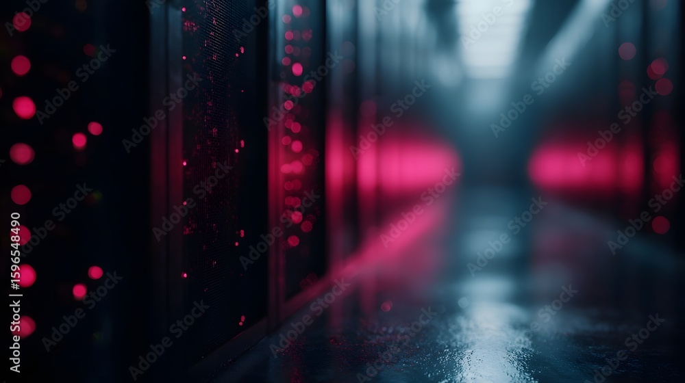 Poster blinking led lights in a server room with a futuristic tech infrastructure