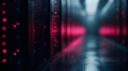 Blinking LED lights in a server room with a futuristic tech infrastructure