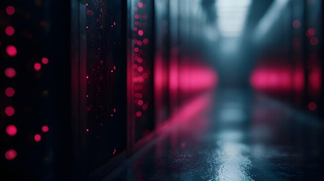 Blinking LED lights in a server room with a futuristic tech infrastructure