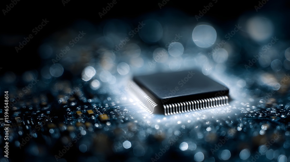 Poster close up of a microchip on a computer motherboard
