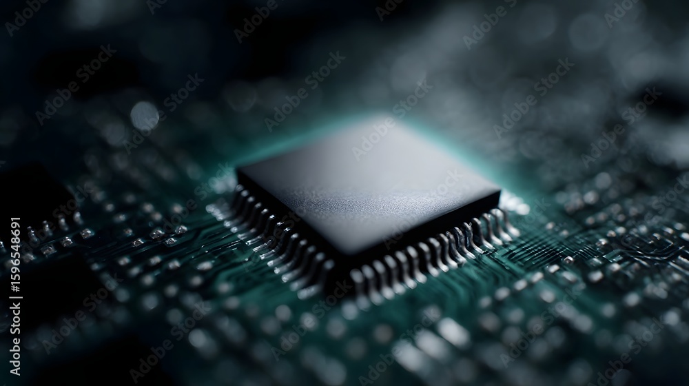 Poster close up of a high tech microchip on a computer motherboard