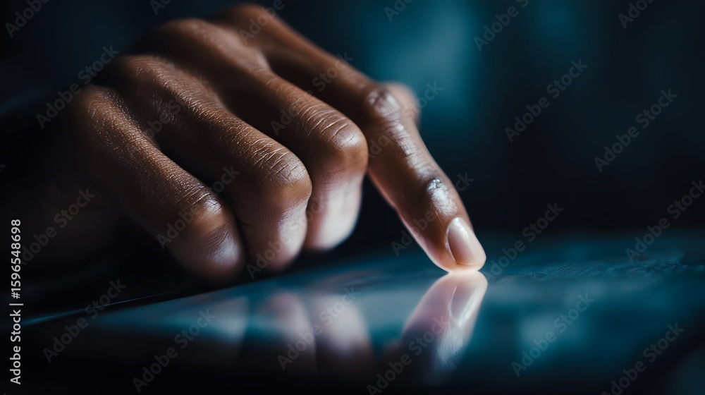 Poster hands using touchscreen interface on tablet with uiux lighting and sharp focus