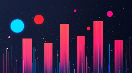 Abstract digital art featuring vertical bars and colorful circles against a starry dark background, evoking a futuristic cityscape or data visualization.