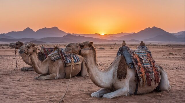 Camels Resting at Sunset in a Desert Landscape