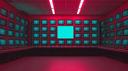 A futuristic control room with multiple monitors displaying code and a central glowing screen, bathed in red and blue neon lighting.