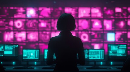 A silhouette of a person monitoring multiple digital screens displaying data and graphics in a futuristic, cyber environment with purple lighting.