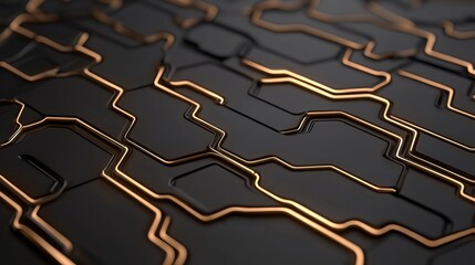 Close-up of a sleek black surface featuring intricate, interconnected copper lines resembling a futuristic circuit board or abstract technology design.