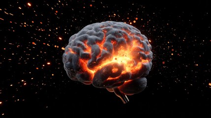 A digital illustration of a human brain with fiery, glowing cracks and sparks, symbolizing intense activity or energy.