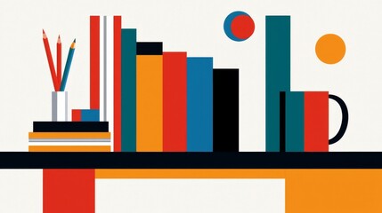A minimalist abstract illustration of books, pencils, a coffee mug, and geometric shapes on a shelf with a clean, modern design and vibrant colors.