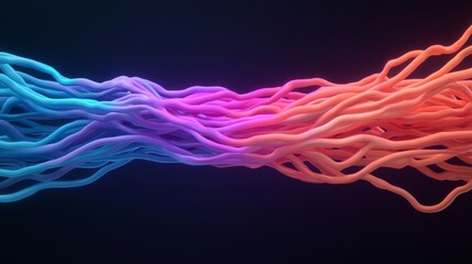 Intertwined blue and red glowing fibers merge in a dynamic, abstract flow against a dark background, symbolizing connection and energy.