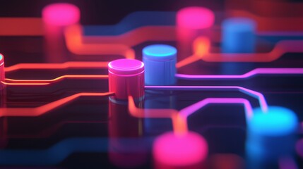 Close-up of glowing neon circuit board with vibrant pink, blue, and purple pathways and components interconnected in a futuristic, high-tech design.
