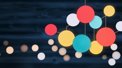 Abstract mobile with colorful circles in red, yellow, blue, and white hanging against a dark background.