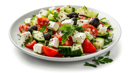 Isolated Horiatiki Salata on white background, featuring vibrant vegetables and feta cheese chunks