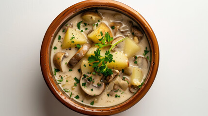 Isolated Hubavitsa on white background, showcasing creamy mushroom soup with herbs and vegetables