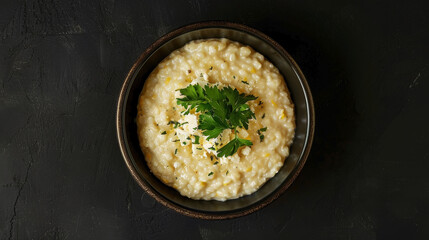 Isolated Kachamak on black background, featuring creamy cornmeal porridge with cheese or sour milk