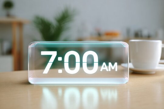 Futuristic transparent clock showing 7 am on table with cup of coffee in the background