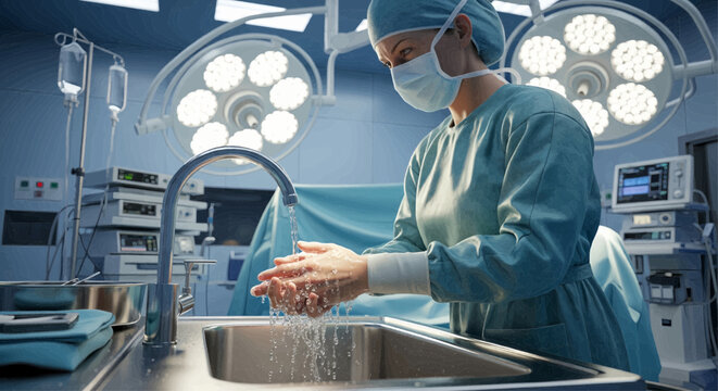 Surgeon washing hands at a sink in an operating room, preparing for surgery. - Powered by Adobe
